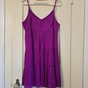 L Naked Zebra Spaghetti Strap Flow Ruffle Tiered-Bottom Midi Dress Magenta Lined